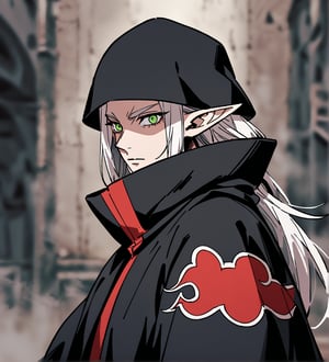 score_9,1boy, men, solo, upper body, focus male, long hair, white hair, baggy eyes , muscle body, green eyes, pointy ears, elf ears, soft skin, Beautiful eyes, defined body, dark colors,  akatsuki cloak,  akatsuki cloths,loose clothing, detailed eyes, normal  face, looking at the viewer,JeanKirstein, 