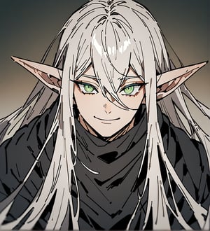 score_9,1boy, men, solo, face, only face, focus male, long hair, white hair, baggy eyes , muscle body, green eyes, pointy ears, elf ears, soft skin, Beautiful eyes, defined body, dark colors, loose clothing, ninja cloths, detailed eyes, happy face, looking at the viewer,JeanKirstein, 