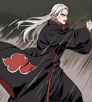 score_9,1boy, men, solo, half body, focus male, long hair, white hair, baggy eyes , muscle body, green eyes, pointy ears, elf ears, soft skin, Beautiful eyes, defined body, dark colors,  akatsuki cloak,  akatsuki cloths,loose clothing, detailed eyes, normal  face,JeanKirstein, battle position, battle, attack, martial artist, fight, movement lines, wind lines, move effect