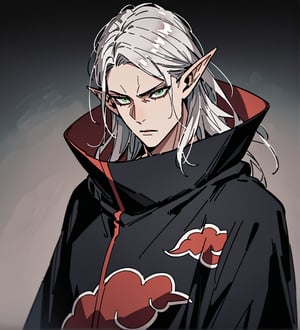 score_9,1boy, men, solo, upper body, focus male, long hair, white hair, baggy eyes , muscle body, green eyes, pointy ears, elf ears, soft skin, Beautiful eyes, defined body, dark colors,  akatsuki cloak,  akatsuki cloths,loose clothing, detailed eyes, normal face, looking at the viewer,JeanKirstein