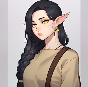 1girl, solo, long hair, looking at viewer, black hair, jewelry, closed mouth, yellow eyes, upper body,  braid, earrings, pointy ears, bag, colored skin, freckles,ratatatat74 artstyle,Eyes,Beautiful eyes, lips ,sexy lips