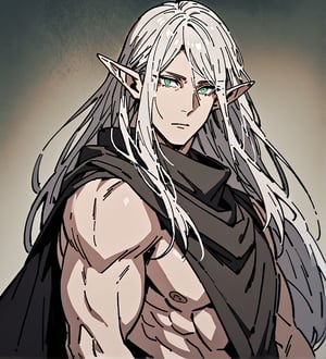 score_9,1boy, men, solo, half body, focus male, long hair, white hair, baggy eyes , muscle body, green eyes, pointy ears, elf ears, soft skin, Beautiful eyes, defined body, dark colors, loose clothing, ninja cloths, detailed eyes, normal  face, looking at the viewer,JeanKirstein, 