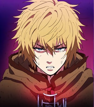 
A close-up profile view of Thorfinn, a 17-year-old blonde-haired boy with short hair and visible eyes peeking through the strands. His face is contorted in anger, revealing bloody wounds ( scar near his eye). Ragged clothes cover his muscular physique, which is only partially visible from this side-angled view. The overall composition should evoke a sense of intensity and turmoil.