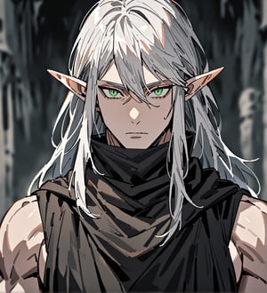 score_9,1boy, men, solo, half body, focus male, long hair, white hair, baggy eyes , muscle body, green eyes, pointy ears, elf ears, soft skin, Beautiful eyes, defined body, dark colors, loose clothing, ninja cloths, detailed eyes, normal  face, looking at the viewer,JeanKirstein, 