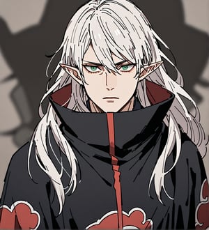 score_9,1boy, men, solo, upper body, focus male, long hair, white hair, baggy eyes , muscle body, green eyes, pointy ears, elf ears, soft skin, Beautiful eyes, defined body, dark colors,  akatsuki cloak,  akatsuki cloths,loose clothing, detailed eyes, normal face, looking at the viewer,JeanKirstein