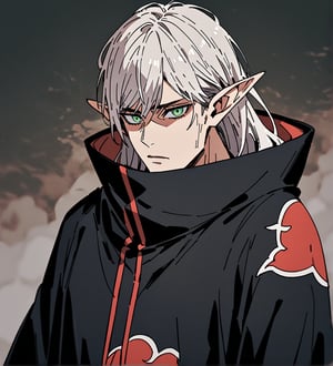 score_9,1boy, men, solo, upper body, focus male, long hair, white hair, baggy eyes , muscle body, green eyes, pointy ears, elf ears, soft skin, Beautiful eyes, defined body, dark colors,  akatsuki cloak,  akatsuki cloths,loose clothing, detailed eyes, normal  face, looking at the viewer,JeanKirstein, 