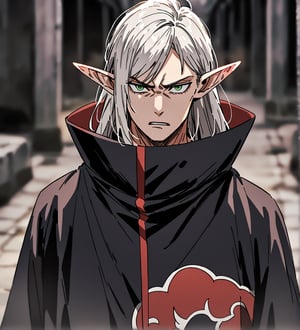 score_9,1boy, men, solo, upper body, focus male, long hair, white hair, baggy eyes , muscle body, green eyes, pointy ears, elf ears, soft skin, Beautiful eyes, defined body, dark colors,  akatsuki cloak,  akatsuki cloths,loose clothing, detailed eyes, angry face face, looking at the viewer,JeanKirstein, walking