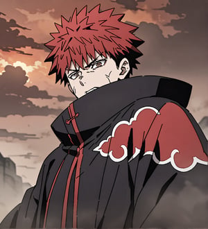 score_9,1boy, men, solo, upper body, focus male,short hair,  red hair, baggy eyes , muscle body, brown eyes, Beautiful eyes, defined body, dark colors, kimono, hayato gokudera, moustache,  akatsuki cloak, black cloths with red clouds, akatsuki cloths,loose clothing, detailed eyes, big muscles,cloak, angry face, looking at the viewer,emiya_shirou