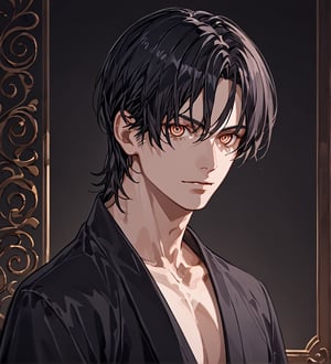 score_9, score_8_up, score_8, (only face), 1boy, men, solo, robust face, upper body, focus male, long dark black hair, baggy eyes, (ringed eyes, brown eyes, Beautiful eyes, muscular arms, defined body), (masterpiece, best quality, modell, official art, beautiful and aesthetic:1.2), dark colors, highest detailed, Expressiveh, Eerie Atmosphere, background,best aesthetic, intricate details, detailed face, best colours, more detail face, better lights, collarbone, slender, black kimono, 