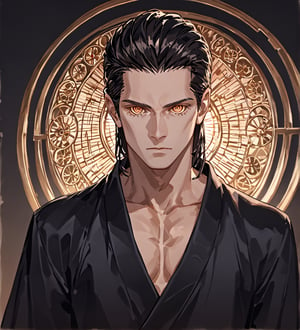 score_9, score_8_up, score_8, (only face), 1boy, men, solo, robust face, upper body, focus male, long dark black hair, baggy eyes, (ringed eyes, brown eyes, Beautiful eyes, muscular arms, defined body), (masterpiece, best quality, modell, official art, beautiful and aesthetic:1.2), dark colors, highest detailed, Expressiveh, Eerie Atmosphere, background,best aesthetic, intricate details, detailed face, best colours, more detail face, better lights, collarbone, slender, black kimono, 