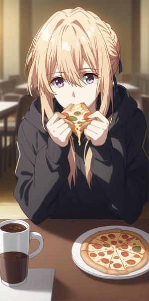 violet evergarden wearing black hoodie and wearing pants and eating pizza and coffee with me and in my pov on the table luxurious restaurant and i feed violet romantically, blonde hair