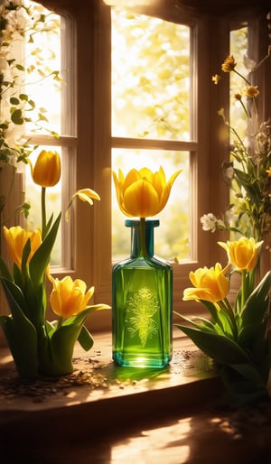 In this whimsical photorealistic scene, a finely detailed, sunshine-illuminated window frame centers the composition. A delicate, tulip-shaped potion bottle with etched petals sits amidst lush summer blooms. The bioluminescent yellow tulip within the bottle glows softly against high-contrast shadows. The surrounding botanical fantasy cottage, filled with vibrant flora, adds to the warm and inviting ambiance.