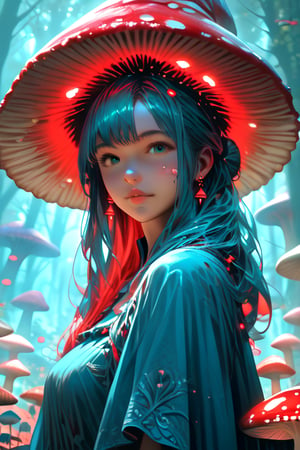 (best quality), (highly detailed), (masterpiece), (detailed facial textures), (detailed mushroom textures), (teal and red hues), 1girl, mushroom girl, her hair resembling a mushroom cap, she is in a whimsical fantasy forest with glowing mushrooms and dragonflies throughout