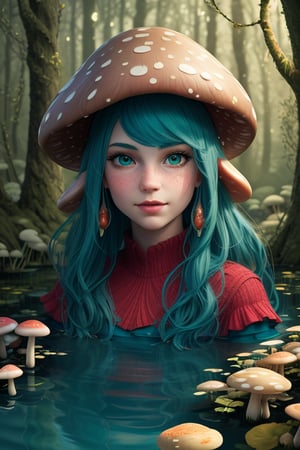 (best quality), (highly detailed), (masterpiece), (detailed facial textures), (detailed mushroom textures), (teal and red hues), 1girl, mushroom girl, her hair resembling a mushroom cap, she is in a whimsical fantasy forest with and dragonflies flying around a sparkling pond