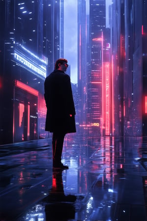 A futuristic cityscape at dusk, neon lights reflecting off wet pavement, a lone figure in a long coat and sunglasses stands at the edge of a rooftop, gazing out at a sprawling metropolis, the skyline pierced by towering skyscrapers, holographic advertisements flickering like fireflies in the misty air.