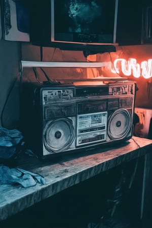 A retro-fresh still life: A vintage boombox with a worn-out cassette tape ejected from its slot, resting on a distressed wood coffee table amidst a cluttered 90s-inspired room. Neon-lit lava lamps and a TV playing an old VHS tape hum in the background, while a Polaroid photo of a mixtape's tracklist hangs crookedly on the wall.