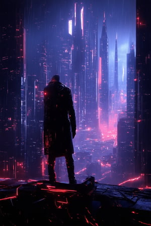 A futuristic metropolis sprawls across the horizon, neon-lit skyscrapers piercing the smog-filled air. A lone hacker, dressed in a black leather trenchcoat and sporting cybernetic enhancements, stands at the edge of a rooftop, gazing out upon the city's digital underbelly. The sound of rain pattering against the concrete and the hum of hovercars fill the atmosphere.