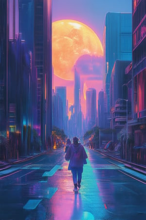 A futuristic cityscape at dusk, with a gradient world in the background, where vibrant colors transition from bright blue to fiery orange and finally to deep purple. In the foreground, sleek skyscrapers and neon-lit streets reflect off a wet pavement, as pedestrians and cars move swiftly by.