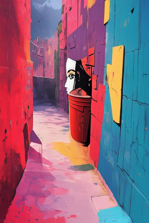 A dimly lit alleyway at dusk, the walls adorned with vibrant street art. A stencil of a girl's face with a bandage covering her eyes peeks out from behind a trash can, mysterious and alluring. The surrounding graffiti serves as a backdrop, a kaleidoscope of colors and shapes. The cityscape looms in the distance, a hint of darkness and intrigue.