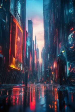 A futuristic cityscape at dusk, with sleek skyscrapers and neon-lit billboards reflecting off a wet, urban street. A lone figure in a high-tech suit stands confidently at the edge of the frame, gazing out at the sprawling metropolis as if charting its next move.