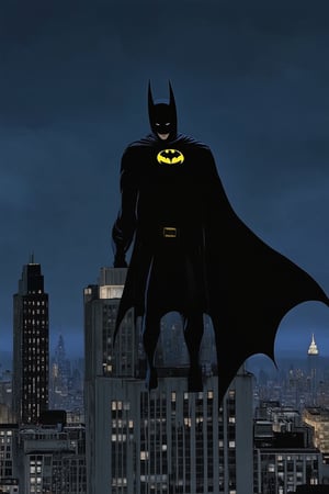 A darkened cityscape at dusk, with a lone figure standing atop a Gotham City skyscraper. The Bat-Signal shines bright on the rooftop as Batman stands tall, gazing out over the metropolitan landscape. His cape flows in the wind, and his eyes scan the rooftops below, ever vigilant for crime to fight.