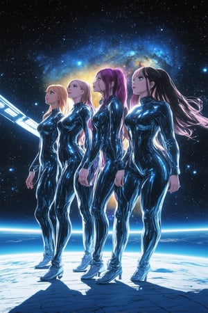 A futuristic sci-fi scene: A group of space girls, dressed in shimmering metallic jumpsuits and sporting vibrant hair colors, stand at the edge of a zero-gravity environment. Their long hair floats around them as they gaze up at a stunning nebula-filled sky. The lighting is a mix of soft blue and warm yellow hues, with stars twinkling like diamonds against the dark background. Composition-wise, the space girls are framed by a sleek spaceship in the distance, with a subtle gradient effect adding depth to the image.