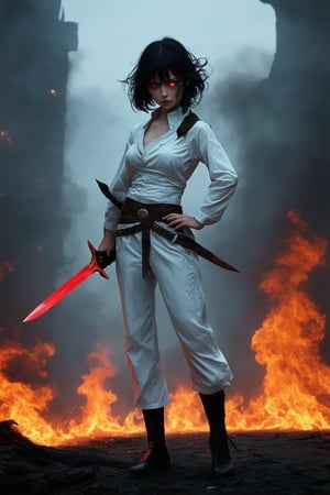 A dark-haired girl, dressed in a fitted white jumpsuit, stands confidently with her feet shoulder-width apart, one hand on hip and the other holding a fiery red sword. The background is a smoky, hellish landscape with burning buildings and demonic creatures lurking in the shadows. A fierce, crimson glow emanates from the girl's eyes as she gazes directly at the viewer, her expression a blend of determination and mischief.