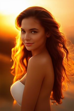 A majestic portrait of a stunning young woman, bathed in soft golden light, posing confidently with a subtle smile. Her long, curly hair cascades down her back like a fiery waterfall, framing her radiant complexion. The background is a warm, sunset-inspired hue, subtly blurring the edges to focus attention on her ethereal beauty.