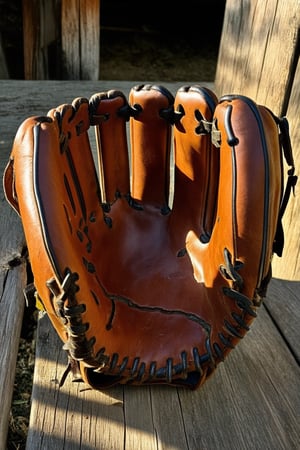 A close-up shot of a worn leather baseball glove, cracked open on a weathered wooden bench in front of a rustic farmhouse, sunlight casting a warm glow on the glove's creases and stitching.