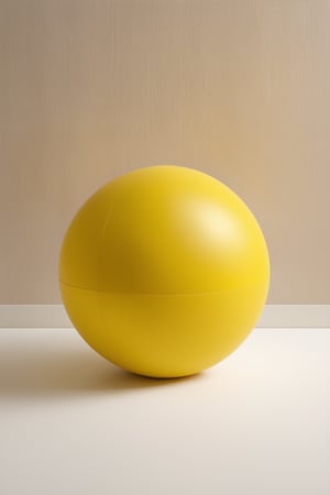 Render a vibrant still life image featuring a basic yellow color model. Place a bright yellow sphere, roughly 10 inches in diameter, centered on a clean white surface. The surrounding space is a soft, creamy beige, with subtle texture resembling a rough canvas or worn wooden panel. Gently falling golden light illuminates the scene from above, casting a warm glow and defining the contours of the sphere. Capture the inviting yellow hue in sharp focus, surrounded by the understated yet harmonious beige tones.