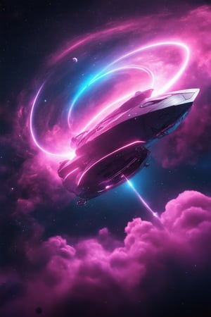 A futuristic 3D pink space scene: A sleek, neon-lit spaceship descends into a swirling vortex of pink and purple gas clouds, surrounded by a halo of radiant light. The ship's metallic surface glows with an otherworldly sheen, while stars and planets twinkle like diamonds in the background. Soft pinks and purples blend harmoniously, evoking a sense of wonder and mystery.