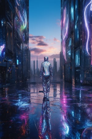 A futuristic cityscape at sunset, with neon lights reflecting off the wet pavement as a lone figure in a holographic jumpsuit stands atop a skyscraper's edge, gazing out into the distant horizon, where a massive holo advertisement glows with vibrant colors and swirling patterns, set against a deep blue sky with wispy clouds.