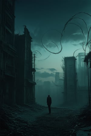 A cinematic shot of a dimly lit, abandoned cityscape at dusk. The sky is a deep shade of indigo, with tendrils of darkness creeping in like sinister fingers. In the foreground, a lone figure stands atop a crumbling building, shrouded in shadows. The pose is one of contemplation, as if searching for answers in the swirling gloom.