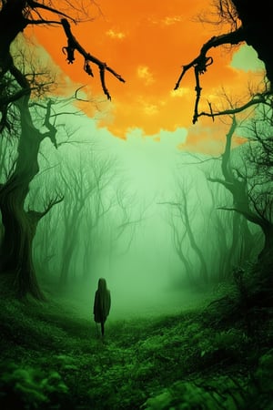 A surreal dream sequence: a lush green forest, filtered through a warm orange haze, with twisted tree branches like skeletal fingers grasping towards a sky filled with wispy clouds. A lone figure, shrouded in mist, stands at the edge of the clearing, eyes closed, as if communing with the subconscious.