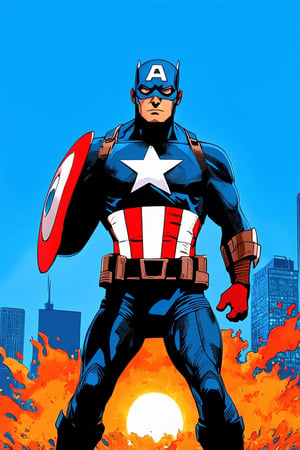 A vibrant Marvel scene unfolds: a bright, bold background of electric blue and fiery orange hues, as Captain America stands heroically, his shield held high in a heroic pose. The setting sun casts a warm glow on his determined face, while the cityscape behind him blazes with a kaleidoscope of colors.