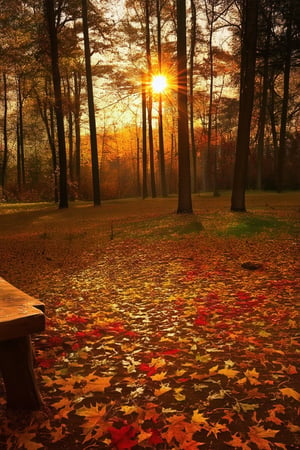 A warm sun casts a golden glow on a vibrant autumn landscape. Crunchy leaves of amber, crimson, and honey yellow carpet the forest floor, with tall trees standing sentinel in the background. A rustic wooden bench sits invitingly amidst the foliage, as if beckoning the viewer to sit and savor the season's splendor.