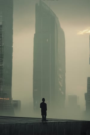 A moody cityscape at dusk, with towering skyscrapers shrouded in a thick veil of fog. The air is heavy with mist, as if the very darkness itself has taken on a life of its own. A lone figure stands at the edge of the frame, silhouette sharp against the grey-brown haze.