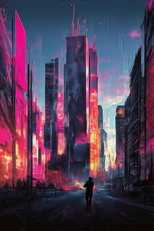 A futuristic cityscape at dusk, rendered in bold line art style reminiscent of classic sci-fi illustrations. The scene is framed by a stark black border, with sharp lines and geometric shapes defining the architecture. Neon lights and holographic advertisements dance across the buildings, casting a warm glow on the darkening streets. A lone figure stands atop a skyscraper, silhouette dramatic against the vibrant cityscape.