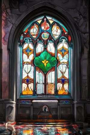 A majestic stained glass window glows with vibrant colors against a soft focus background. Delicate panes of glass in hues of emerald green, sapphire blue, and amber yellow refract light, casting intricate patterns on the floor. A majestic Gothic arch frames the composition, while ornate stone carvings adorn the surrounding walls.