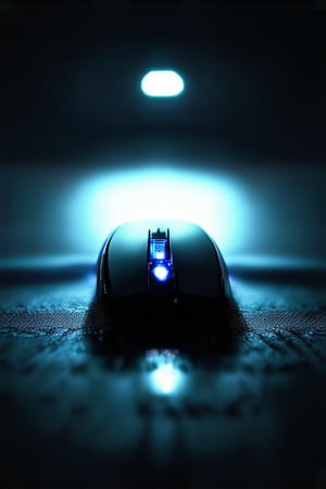 Close-up shot of a sleek, black gaming mouse with glowing blue lights tracing its edges, set against a dark background with soft focus highlights. The camera's shallow depth of field emphasizes the mouse's textured surface and subtle curvature. A single, bright LED light above illuminates the surrounding area, casting a warm glow on the player's hands.