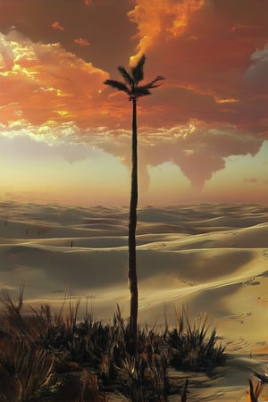 A sweeping desert landscape at sunset, with golden sand dunes stretching as far as the eye can see. A lone palm tree stands tall, its fronds rustling gently in the warm breeze. The sky is ablaze with hues of burnt orange and fiery red, casting a warm glow over the entire scene.