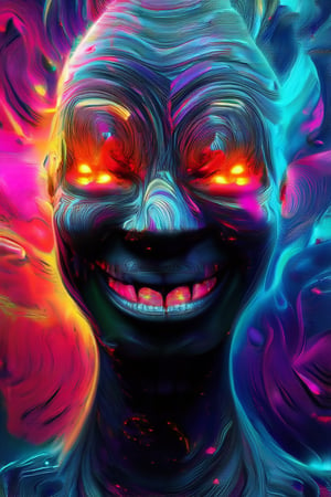 Vibrant 3D rendering of a smiling face, with swirling colors dancing across the cheeks and forehead, like iridescent mist. Glowing highlights illuminate the nose, lips, and eyes, set against a subtle gradient background that shifts from warm to cool hues. The facial features are rendered in smooth, rounded curves, with textures and details subtly textured.