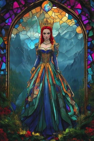 A majestic stained glass window scene: a kaleidoscope of colors dancing across intricately crafted panes, refracting light into prismatic shards. Within the composition, a regal queen stands amidst a lush forest, her crown and gown shimmering with emerald and sapphire hues, as if illuminated by an unseen divine radiance, set against a tranquil, mist-shrouded mountain backdrop.