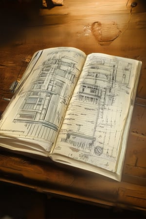 A close-up shot of a worn, leather-bound blueprint sketchbook lying open on a vintage wooden desk. The pages are yellowed with age, revealing intricate architectural designs and notes in faded ink. A single pencil lies across the page, as if paused mid-sketching. Soft, warm lighting casts a comforting glow over the scene.