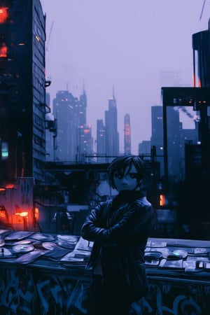 A moody, neon-lit cityscape at dusk, with a sleek, black leather jacket-clad teenager standing defiantly on a graffiti-covered rooftop, arms crossed and eyes gazing out at the hazy, misty skyline, surrounded by scattered CDs, cassette tapes, and vinyl records.