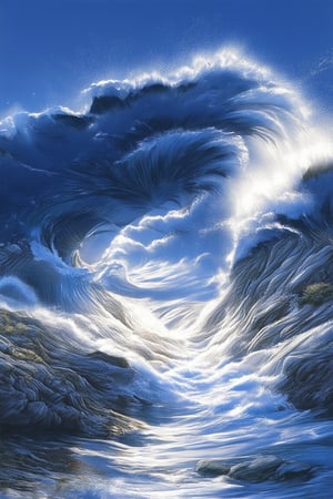 A majestic blue ocean wave crashes against a rocky shore, with sunlight refracting through the water's surface, casting a warm glow on the surrounding landscape. The vibrant blue hue of the wave dominates the frame, while the rugged rocks and lush greenery provide a natural contrast.