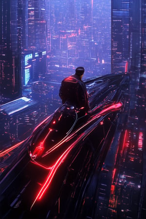 A gritty neon-lit cityscape at dusk, with towering skyscrapers and flying cars zipping by. A lone hacker, dressed in a black leather jacket and sunglasses, stands atop a rooftop, surrounded by wires and screens. The city's vibrant nightlife pulses in the background, as our hero surveys the digital landscape.