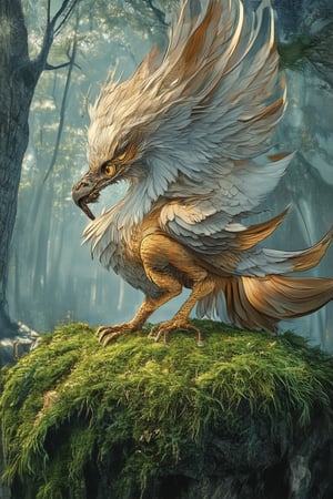 A majestic Griffin perches atop a moss-covered stone pedestal, its piercing eyes gleaming in warm sunlight filtering through a misty forest canopy. The creature's feathers shimmer like polished bronze, while delicate scales glint on its outstretched talons. A soft, ethereal glow emanates from the surrounding foliage.