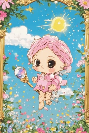 A chibi everything! A whimsical illustration featuring a tiny, cartoonified Eveything in a fantastical setting. The scene is framed with a bright blue sky and fluffy white clouds, with Eveything standing proudly amidst a garden of oversized flowers, each one bursting with colorful petals. Eveything's pose is playful, with one arm holding a miniature wand that sparks with magic dust, while the other hand cradles a small, shimmering gemstone. The entire scene is bathed in warm, golden lighting, emphasizing the joy and wonder of this tiny world.