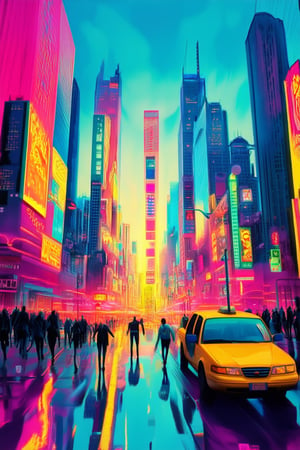 A vibrant and colorful cityscape at sunset, with a warm orange glow illuminating the bustling streets. Bright pink and blue neon lights reflect off wet pavement, while yellow cabs zoom by. A kaleidoscope of colors dances across the buildings, as people in bold attire go about their day, amidst a symphony of sounds and smells.